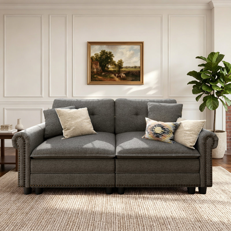 88" Modular Sectional Loveseat Couches With Nailhead Trim, 2-seater Deep Seat Sofa With Throw Pillow, Dark Gray Linen Blend