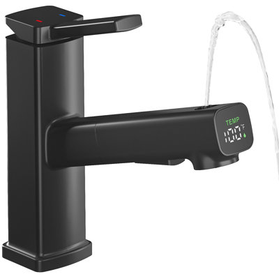 Modern Single Hole Pull-Out Bathroom Faucet With LED Digital Temperature Display & 3 Spray Modes