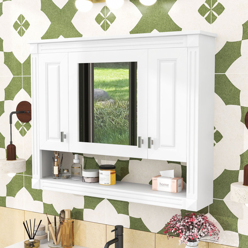 Armoire à pharmacie murale de 35 pouces avec miroir, tablettes réglables, 3 portes et tablette ouverte