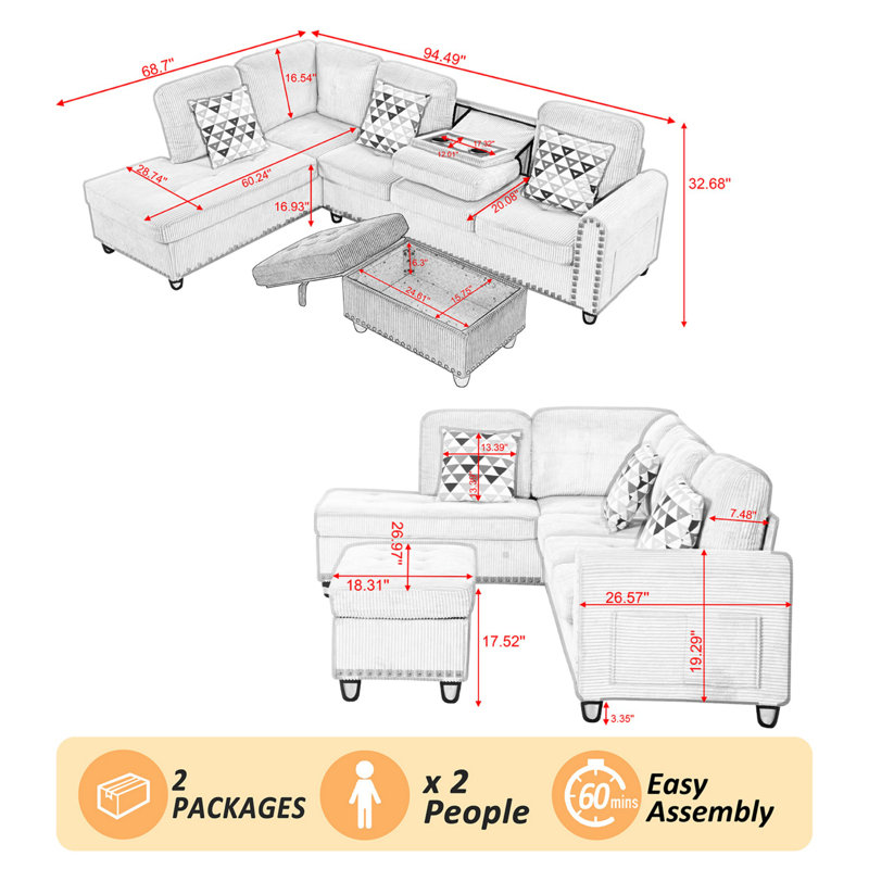 94.51" L Shaped Sectional Couch Living Room Furniture With Storage Ottoman, Modular Sectional Sofa With Movable Chaise For Apartment Office