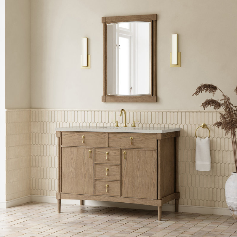 Kinnsden 48" W Single Vanity, Siberian Silestone, 8" Widespread, Weathered Oak