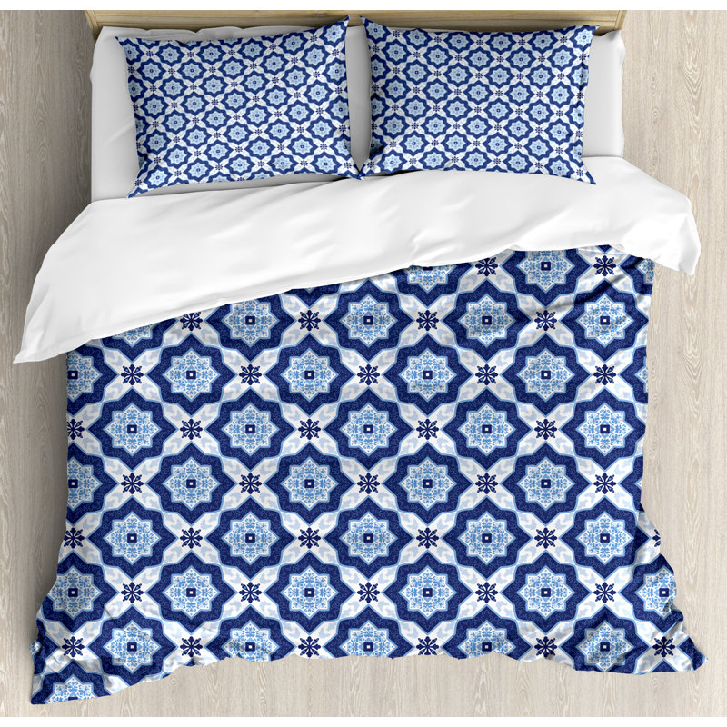 Queen Turquoise Dark Blue Microfiber Floral Duvet Cover Set