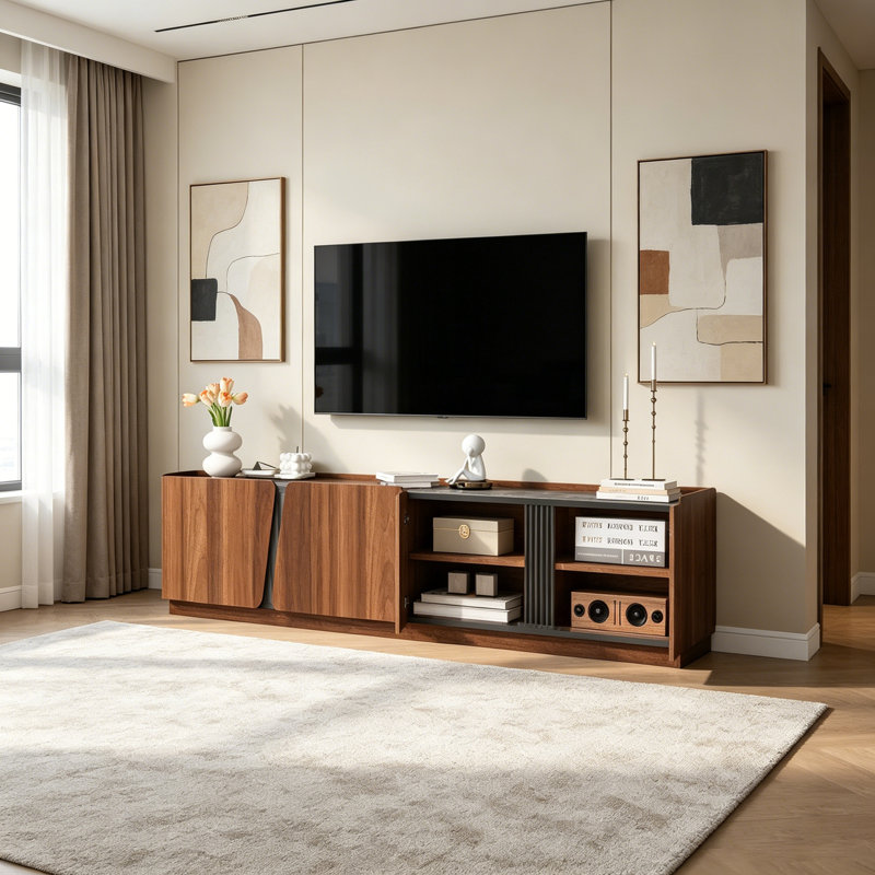 Modern Storage Cabinet with Rounded Corners, Marble Contrast Top & Adjustable Interior Shelves, Oak