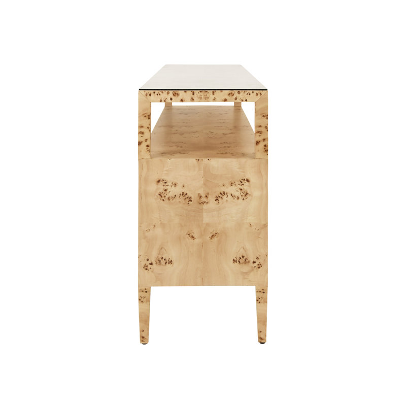 Six Drawer Console With Open Shelf In Burl Wood With Polished Brass Knobs, Burl Wood
