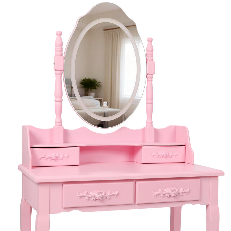 Princess Vanity Desk Set with Mirror & Cushioned Stool,Light Modes, Pink