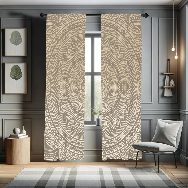 Bungalow Rose Mandala Curtains, Abstract Floral Folk Design, Pair of 28", Pastel Brown, 28" W x 95" L