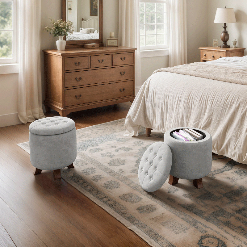 Repose-pieds avec rangement et siège rembourré, repose-pieds en coton et lin, tabouret rond pour la chambre à coucher du salon