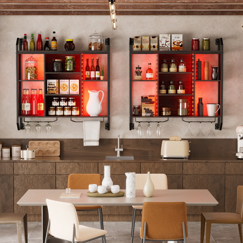 Wine Rack Wall Mounted Bar Shelf With LED Light,Floating Bar Shelves With Wine Glass Holder,Wine Storage Racks,Iron Liquor Bottle Display Shelf For