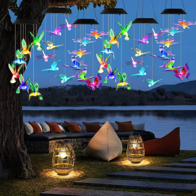 Gift for Mother Day Solar Hummingbird Butterfly Dragonfly Wind Chimes, 7 Color Changing LED IPX4 Waterproof Outdoor Wind Chime for Garden Yard Patio Decor 