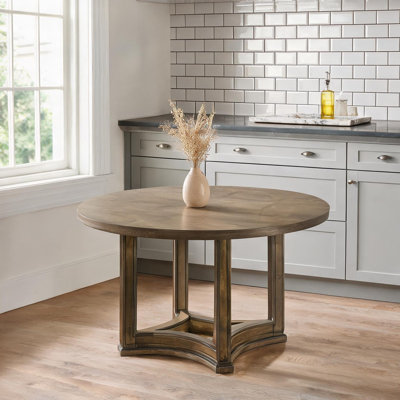 Table de salle à manger ronde pour réunions intimes, finition chêne vieilli, base piédestal de 47 pouces, 4 sièges