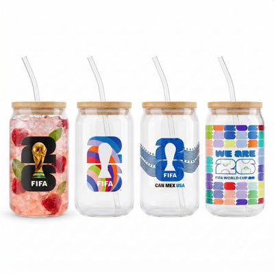 FIFA Set of 4 Glass Can Sippers with Bamboo Lids & Glass Straws - 16 oz Assorted Soccer Designs