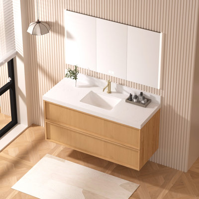 Ensemble de meuble-lavabo flottant 48 po avec plateau en marbre et lavabo simple encastré, texture rotin 48 po