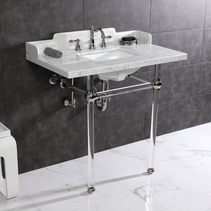 Kingston Brass Pemberton 36-Inch Carrara Marble Console Sink with Acrylic Legs (8-Inch, 3-Hole), Marble White/Polished Nickel