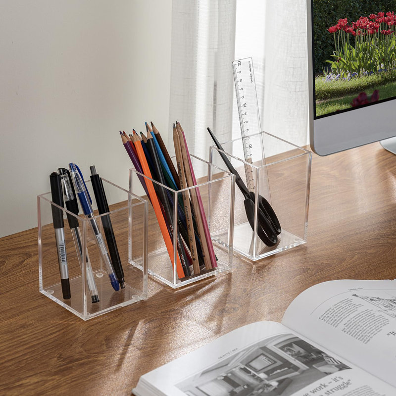 3-Piece Acrylic Desktop Pen Holder, Transparent Rectangular Storage Box
