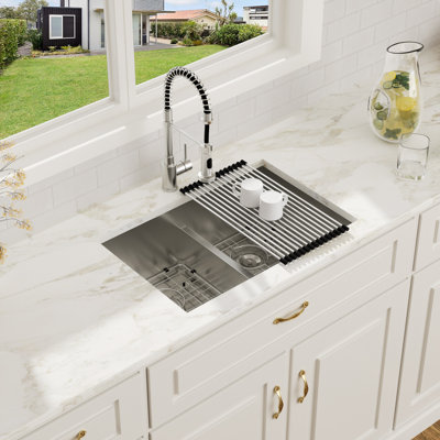 28-inch Low Divide Undermount 50/50 Double Bowl 16 Gauge Stainless Steel Kitchen Sink with Accessories