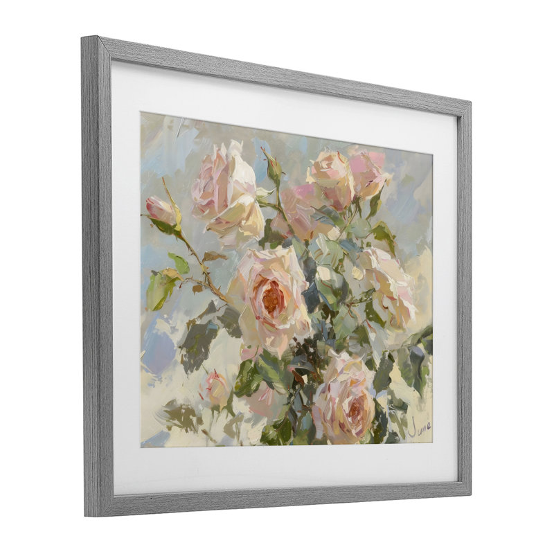 Magnifique lot de roses roses, reproduction encadrée sous verre, design by Creative Studio, Cadre de ferme gris