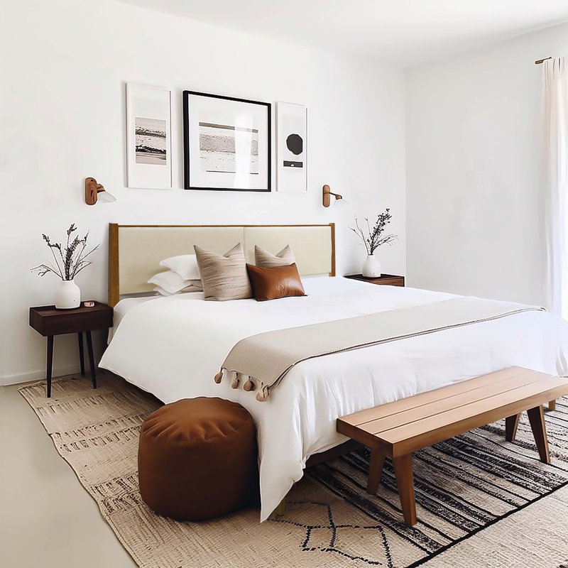 Modern Farmhouse Upholstered Platform Bed with Wood Frame and Beige Headboard, Queen Size, Queen