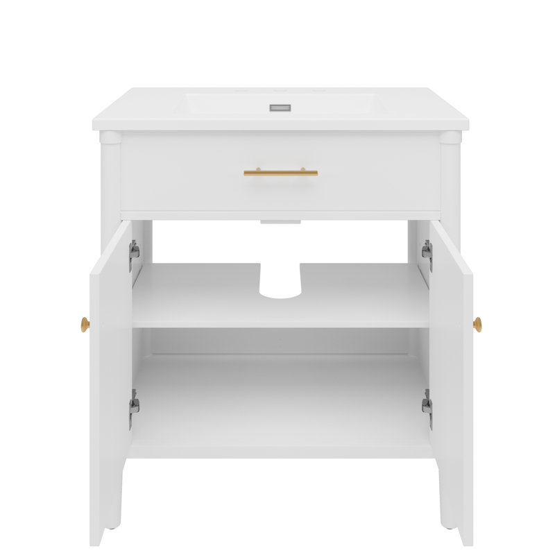Meuble-lavabo de 31 po de couleur blanche, lavabo, fonction de fermeture en douceur, profil incurvé, cadre en bois d'hévéa, quincaillerie or mat, convient à tous les styles de tablettes intérieures réglables, forme, support,