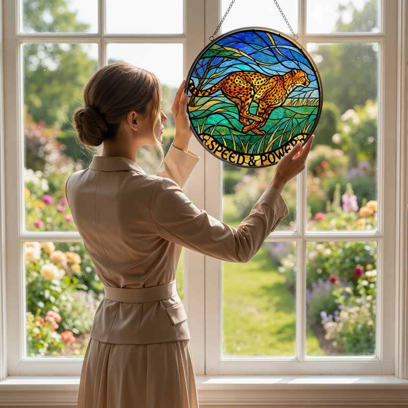 7.8"H Speed Power Stained Glass Window Panel, 7.8" H x 7.8" W