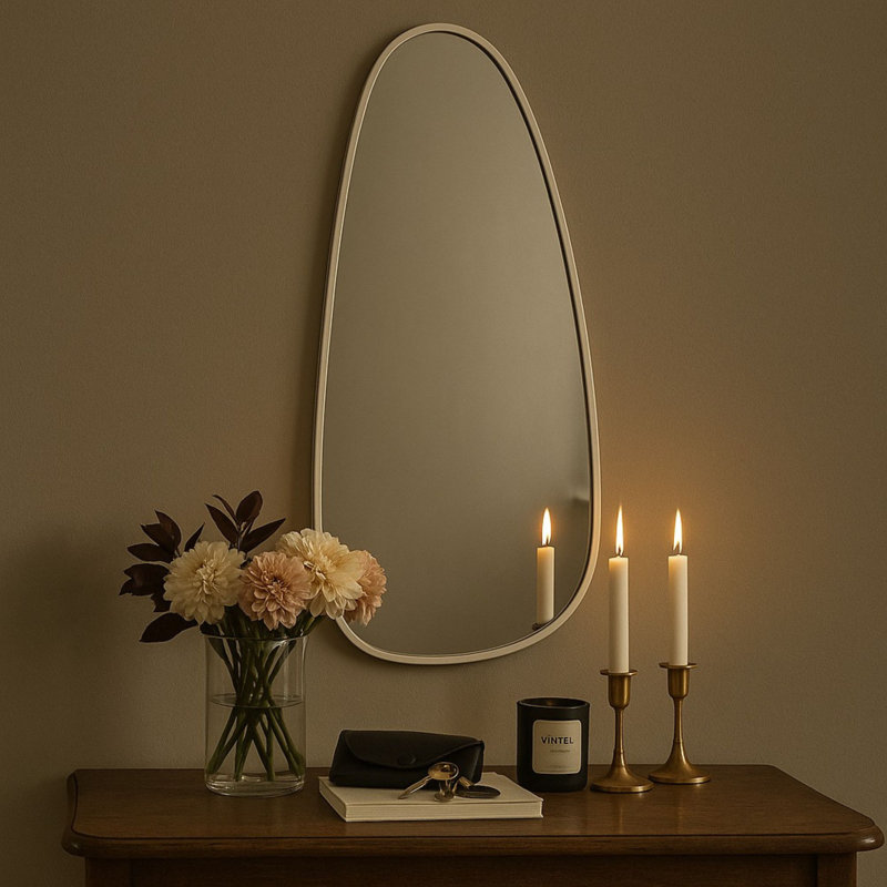 Trequan 40" x 18" Chrome Asymmetrical Bathroom Vanity Mirror Irregular Shaped Wall Mirror, Chrome, 40" x 18"