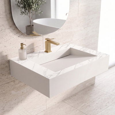 Lavabo de salle de bain mural rectangulaire à surface solide 36 po Pyramid - fini noir mat - avec trou pour robinet