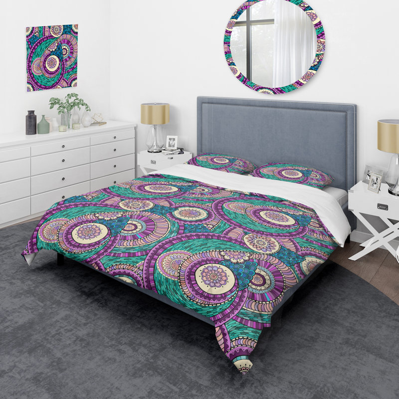 Ensemble de housse de couette à motif cachemire mauve et vert, Housse de couette pour très grand lit et 2 très