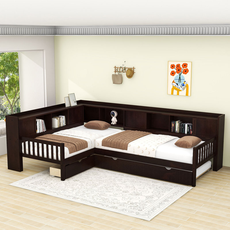 Lit plateforme avec lit gigogne, tiroirs de rangement et tablettes, Espresso