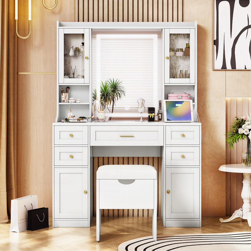 Meuble-lavabo de 41,4 po avec miroir et lumières, table de maquillage avec 5 tiroirs et 4 armoires, coiffeuse avec station de charge et tabouret de rangement rembourré pour la chambre à coucher, blanc