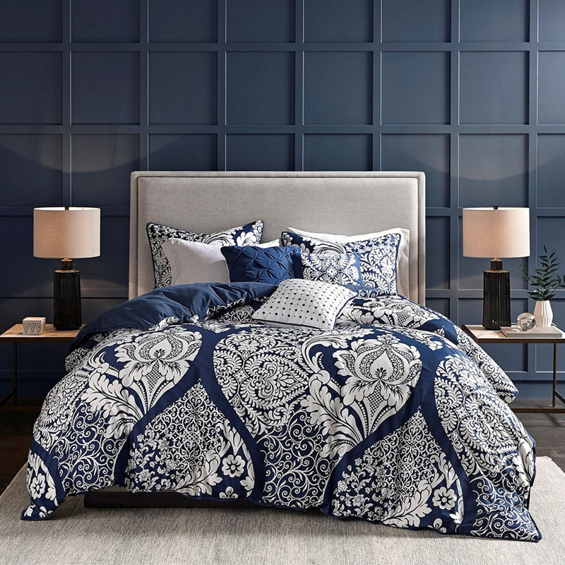 Housse de couette 6 pièces de style transitionnel double / grand avec fermeture à boutons, motif complexe et tissage croisé