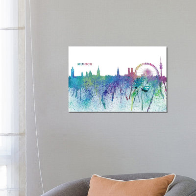 Munich Germany Skyline Silhouette Impressionistic Splash by Markus & Martina Bleichner - Wrapped Canvas Print