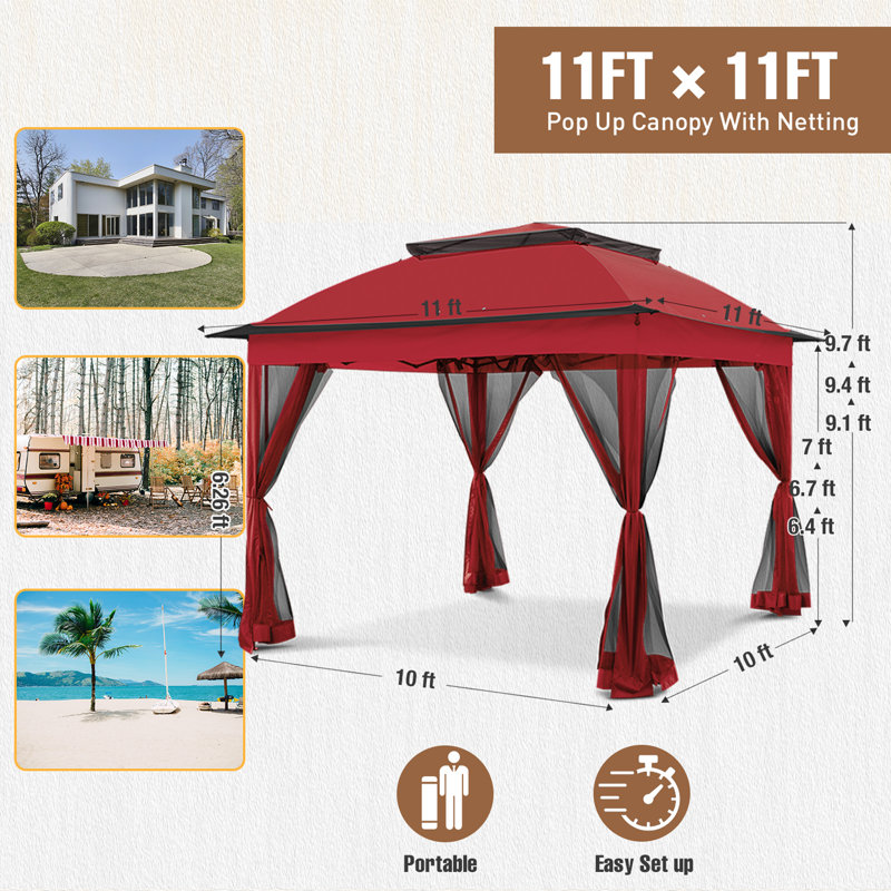 11 Ft. W x 11 Ft. D Pop Up Canopy Patio Gazebo with Mesh Wall, Red