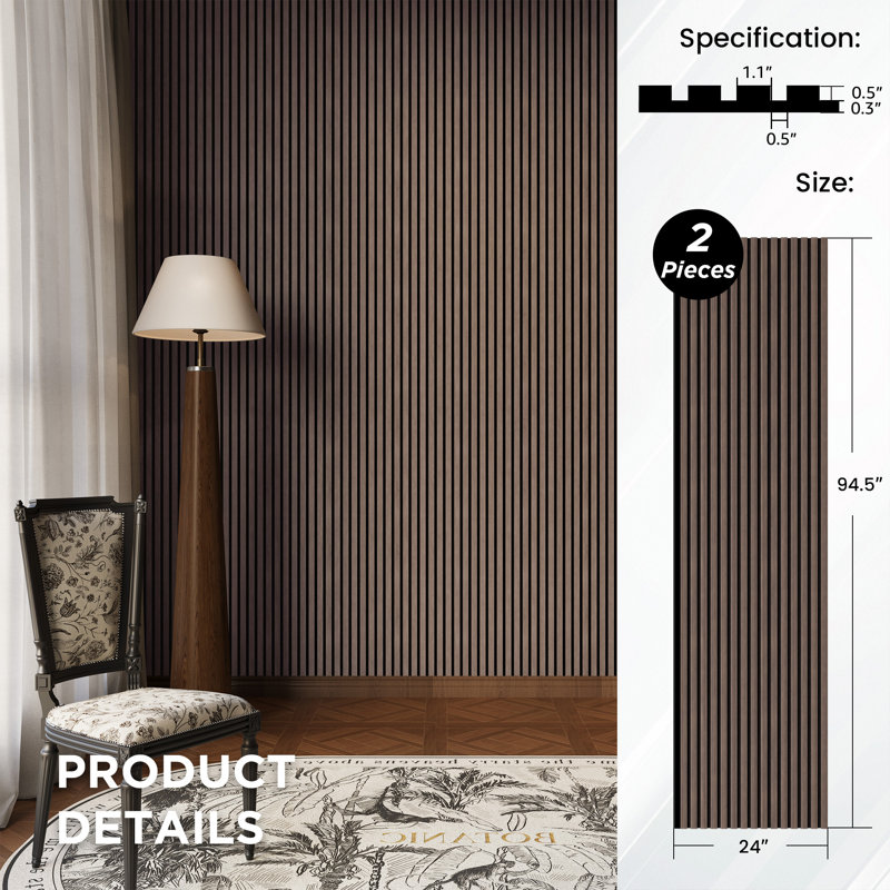 2 PCS 94"L x 24"W Acoustic Slat Wall Panels, Eco-Wood Look for Home/Office Wall & Ceiling (31.34 sq. ft.), Walnut JK
