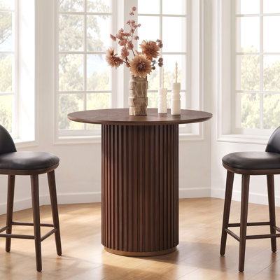Orvyn Contemporary Minimalist Ash Veneer Counter Height Dining Table with Fluted Iron Pedestal Base and Gold Accent