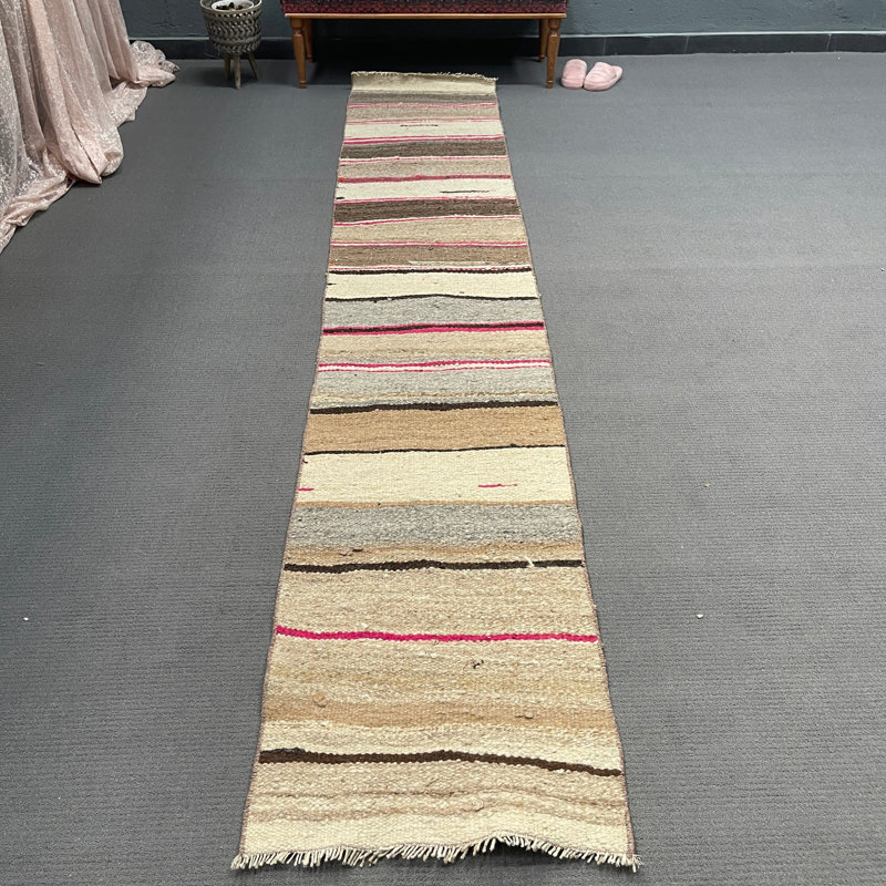 Tapis beige moderne en laine rayé 25,2 x 139,8 pouces