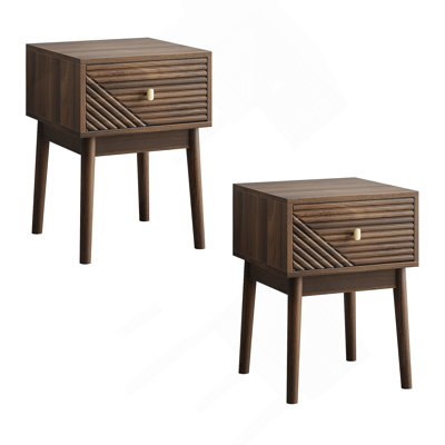 Medieval-Modern Style Walnut Bedside Table, Bedroom Bedside Table With Metal Handles, 15.75 X 15.75 X 21.65 Inches, 2-Piece Set