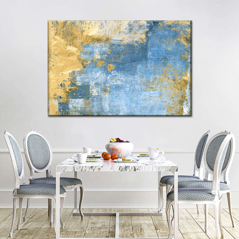 Abstrait doré et bleu sur toile, H 8 po x l 12 po x P 1 po