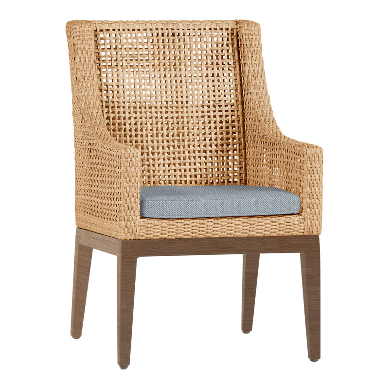 Peninsula Patio Dining Armchair with Cushions, No Welt, Perigold Posh Sky, Mahogany/Chestnut