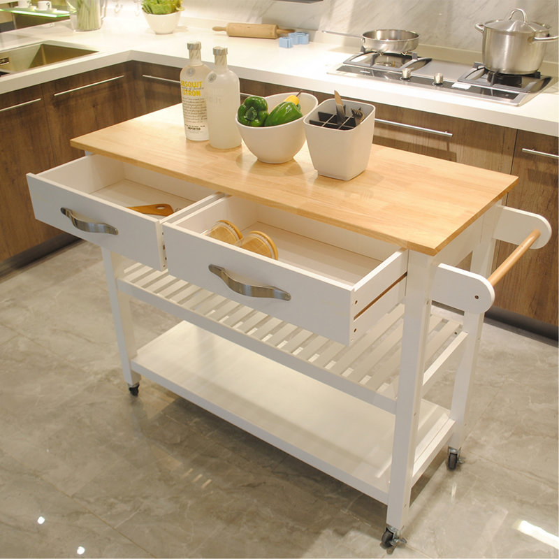 Îlot de cuisine et chariot de cuisine, plateau en bois d'hévéa, îlot de cuisine mobile avec deux roues verrouillables, conception simple pour un rangement et une récupération faciles, deux tiroirs offrent un rangement unique pour les ustensiles spéciaux.
