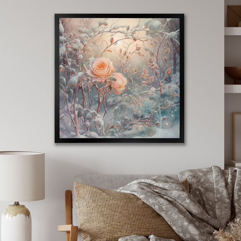 «Peach Enchanted Roses V», reproduction sur toile, Cadre photo noir, H 16 po x l 16 po x P 1 po