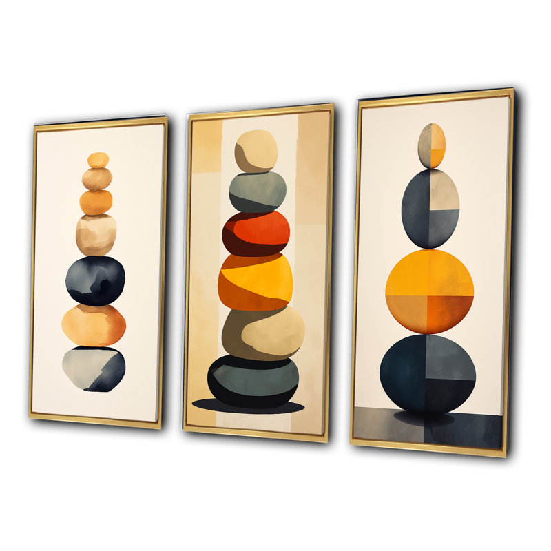 Ensemble de 3 pièces Spiritual Stone Art - équilibrage visuel des roches, Cadre flottant doré, H 28 po x l 36 po