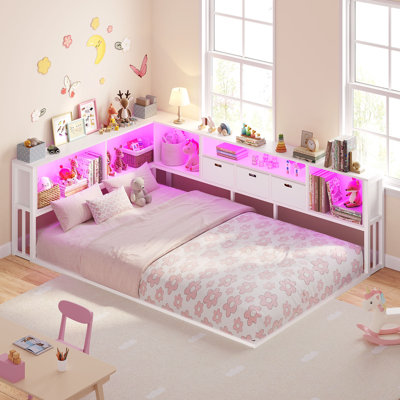 Full Corner Bed Frame With 3 Fabric Storage Drawers And 5-Grid Bookcase,  White