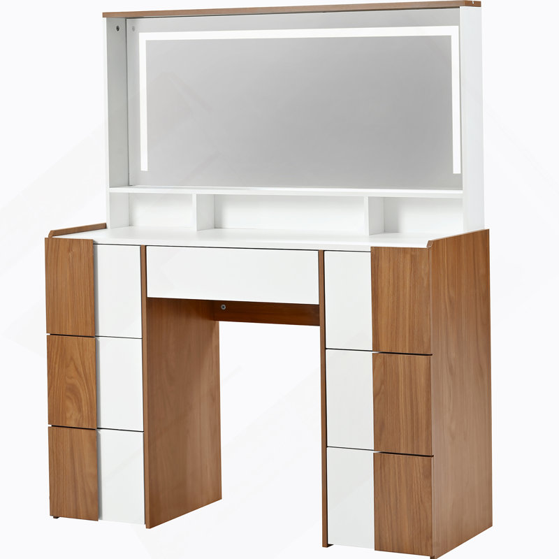 44.4" Elegant Vanity Table with Large Lighted Mirror & Power Outlet, Dressing Table with 7 Drawers & Shelves
