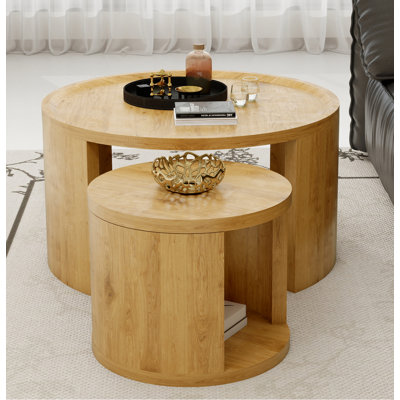 Round Nesting Coffee Table Set Of 2, Natural Wood Color Coffee Table, 31.5" Large & 18" Small Low Tables With Wood Top, Center Table For Living Room,