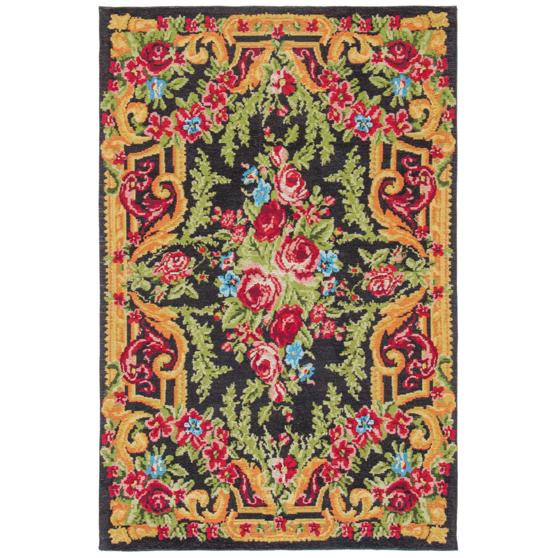 Classic Vintage Black and Rose Floral 4' x 6' Cotton Area Rug