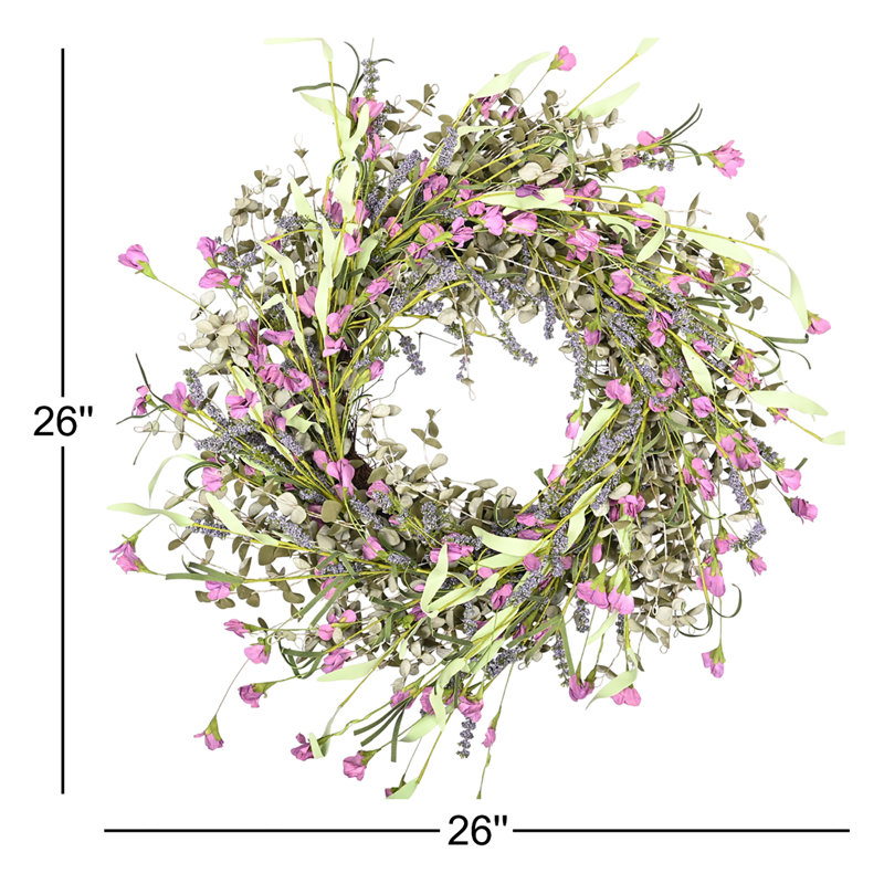 26" Spring Summer Mini Eucalyptus Front Door Wreath, Green/Purple
