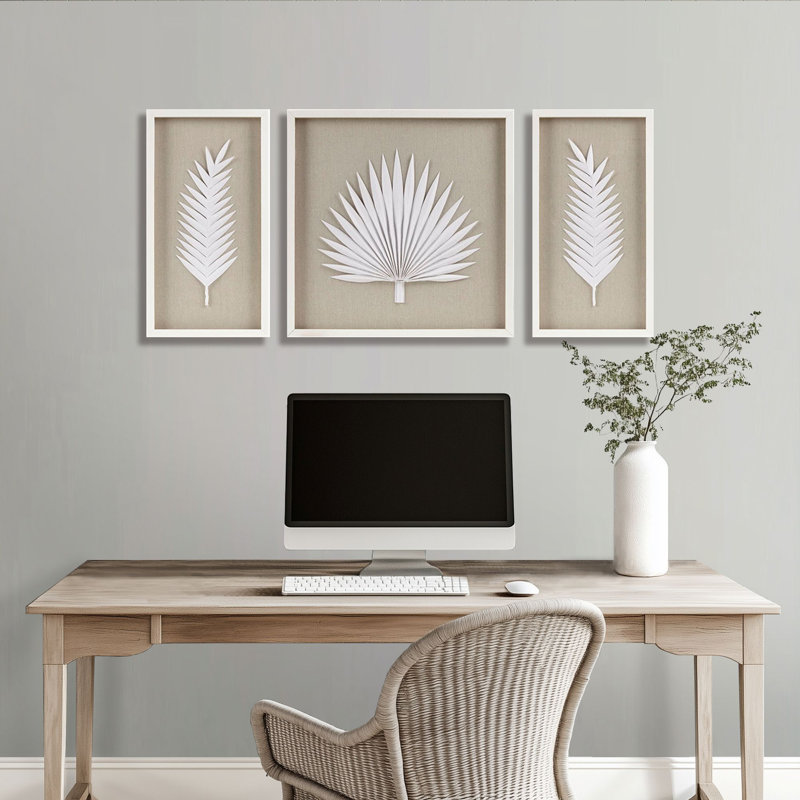 Sabal Off-White Framed Shadowbox 3-Piece Wall Art Décor Set with Handmade Rice Paper Palm Leaves