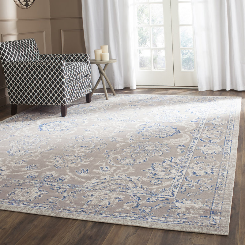 Chewning Oriental Cotton Taupe/Blue Area Rug, Rectangle 4' x 6'