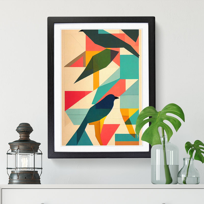 FRM-V0523-250X Bird Patchwork - Single Picture Frame Print, 34cm H x 25cm W x 2cm D, Walnut Framed