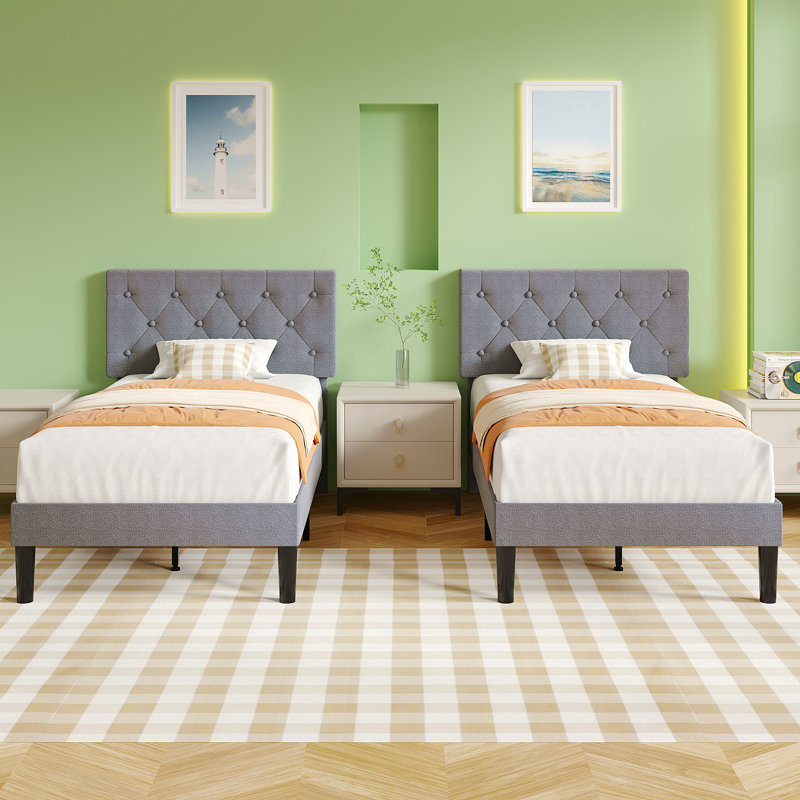 Twin Size Bed Set Upholstered Platform With Adjustable Diamond Tufted Headboard, Grey