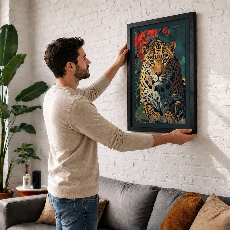 Leopard in Bloom Boho - Framed Print, A2 - 59.4 x 42.0 cm, Black